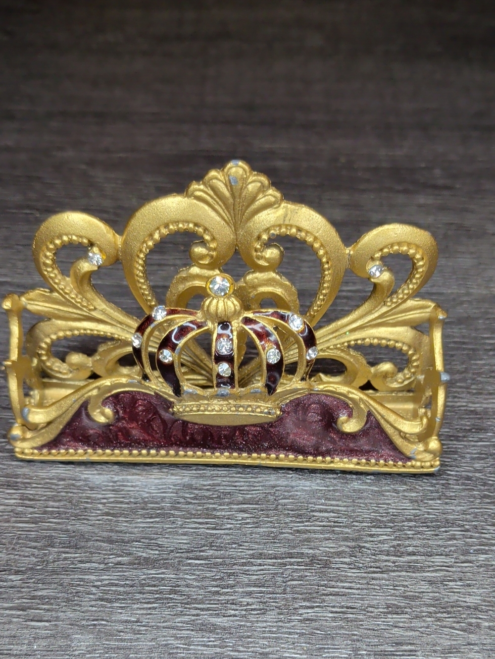 Vintage 90s Gold Crown Business Card Holder Desk Top & Burgundy Enamel Crystals